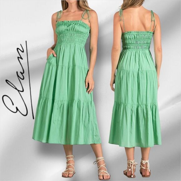 ELAN Women’s Smocked Tiered Midi Dress in the Size Large in Mint Green Color - Picture 1 of 10